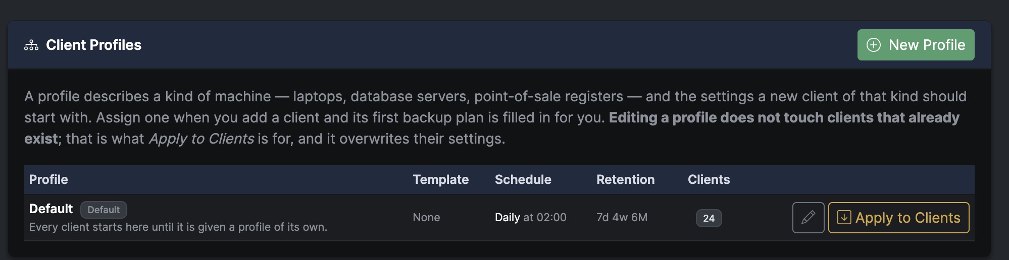 The Client Profiles section of Settings, showing the Default profile