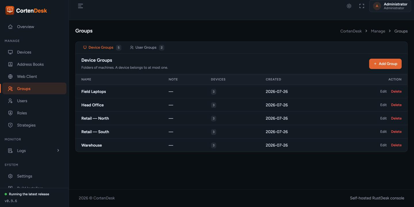 Groups screen showing device groups, each acting as a folder with a device count