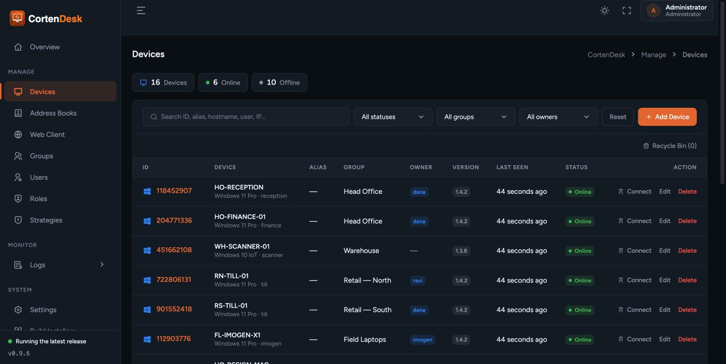CortenDesk Devices screen listing a fleet with online status, device group, owner, client version and last-seen time
