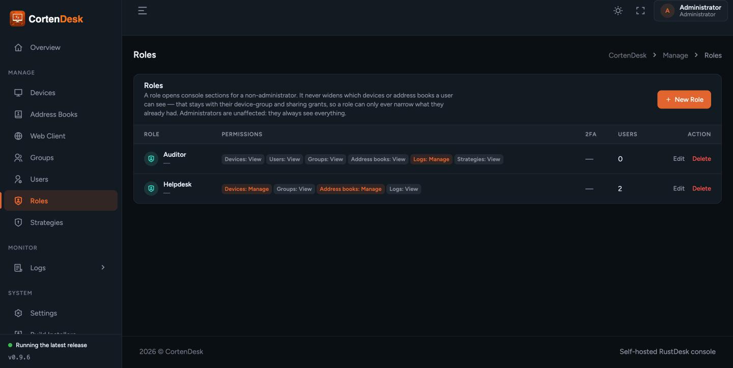 Roles screen showing two roles and the console areas each one grants, at View or Manage level