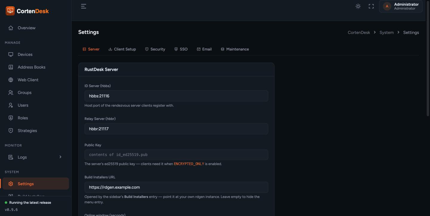 Settings screen on the Server tab, showing ID server, relay server, public key and build installers URL fields