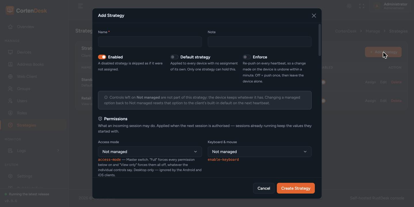 Add Strategy dialog showing the name and note fields, the Enabled, Default and Enforce toggles, and the start of the Permissions section where each control can be left unmanaged