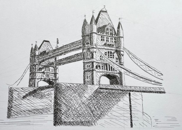 Ink drawing on Tower Bridge, London