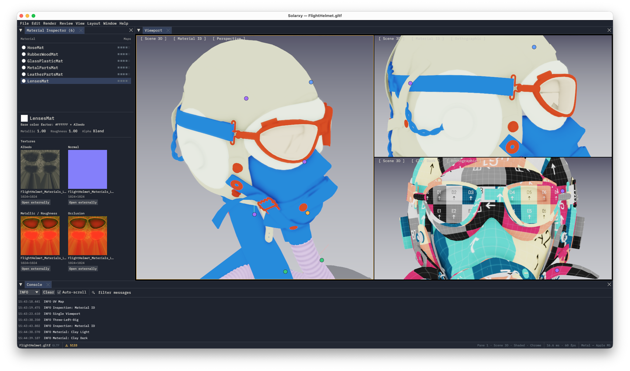 Material ID mode shows each material as a flat colour