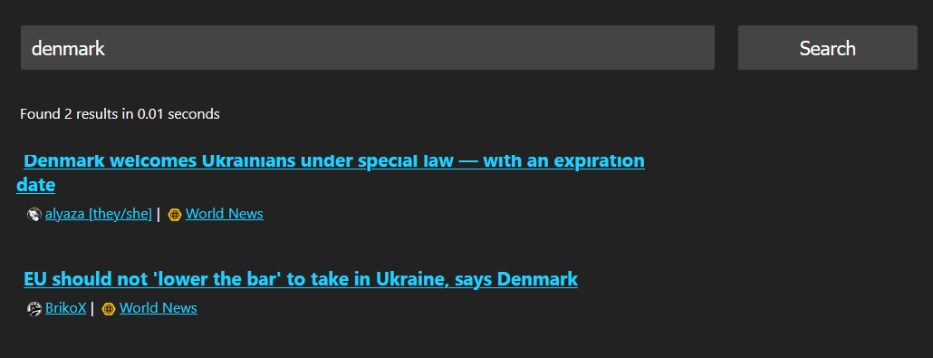 Cropped screenshot of search results for
denmark'