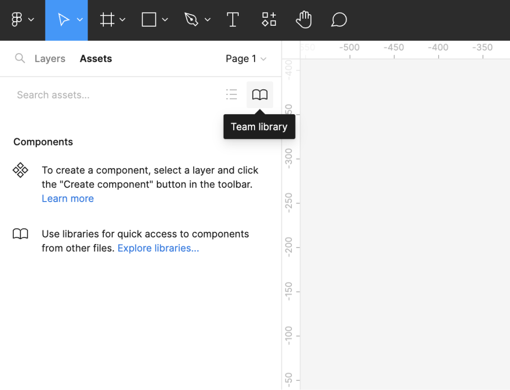 Screenshot showing Libraries icon under Assets tab in Figma