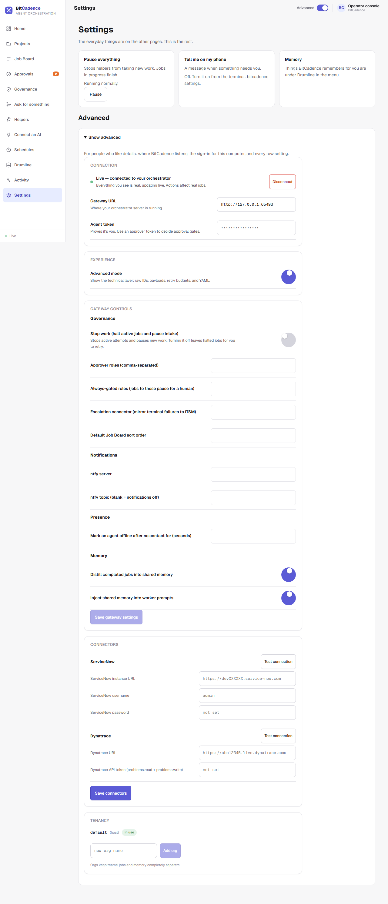 Console Settings Connection Panel