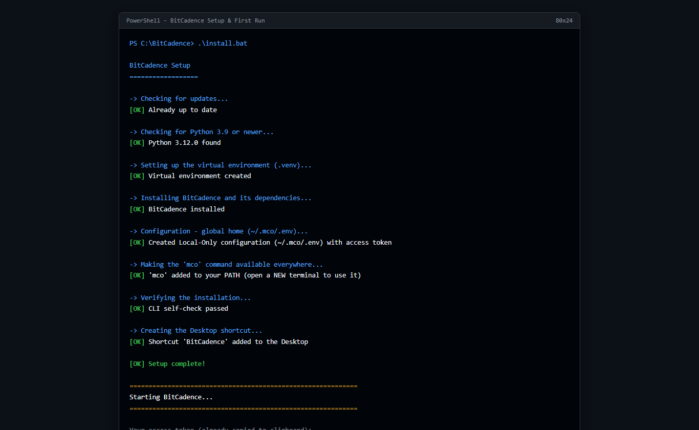 BitCadence Installation and Startup Terminal