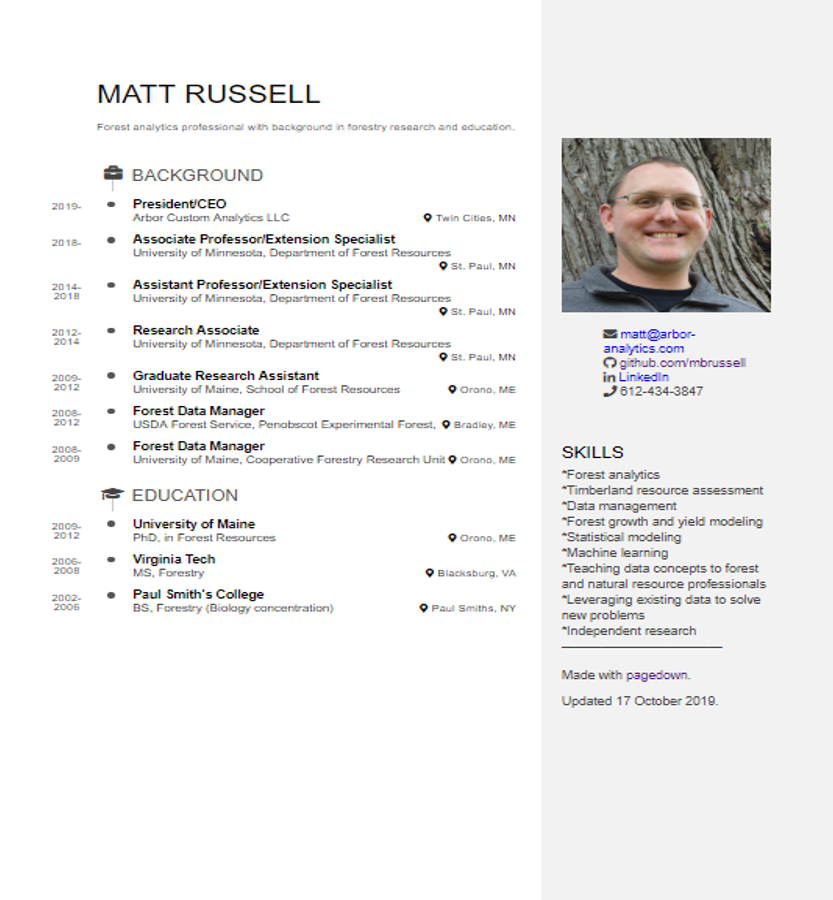 A resume for Matt created with pagedown.