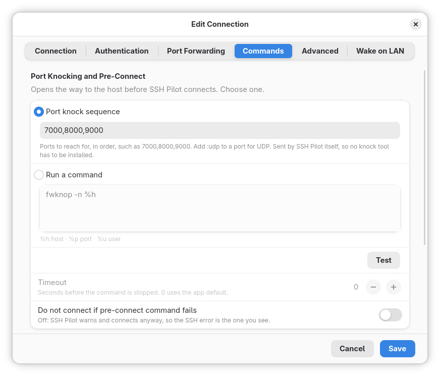 Commands tab: Port Knocking and Pre-Connect with knock sequence and command choices