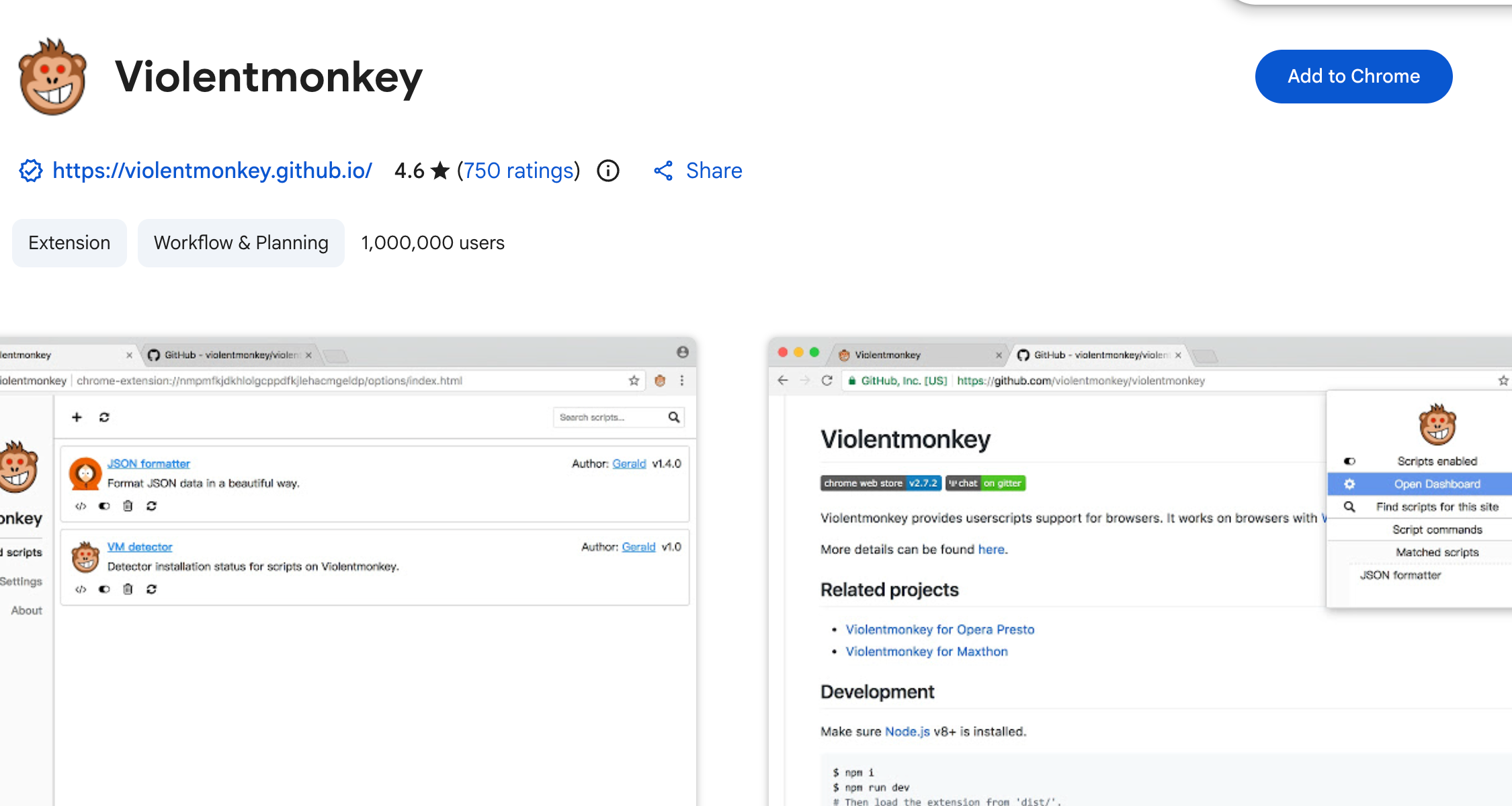 Violentmonkey's extension-store page with Add to Chrome visible.