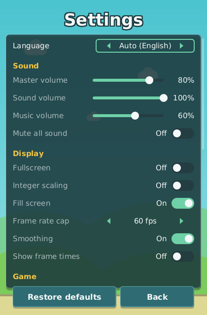 The Settings screen