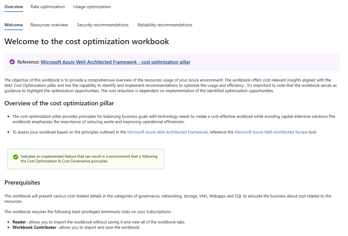 Screenshot of the Cost optimization workbook overview