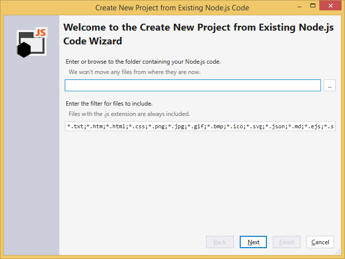 New Project from Existing Code Wizard step one
