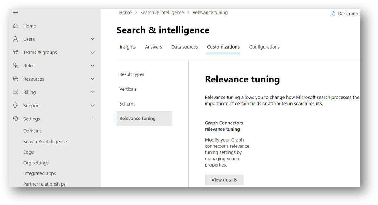 Screenshot of the Search and intelligence tab with Relevance Tuning highlighted