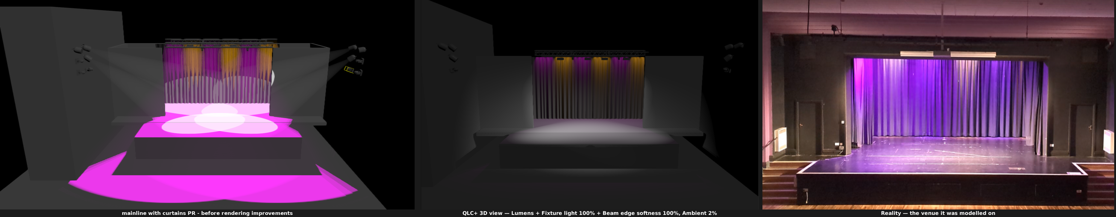 Mainline QLC+'s 3D view of a real venue, the fork's view of the same scene, and a photo of the real thing