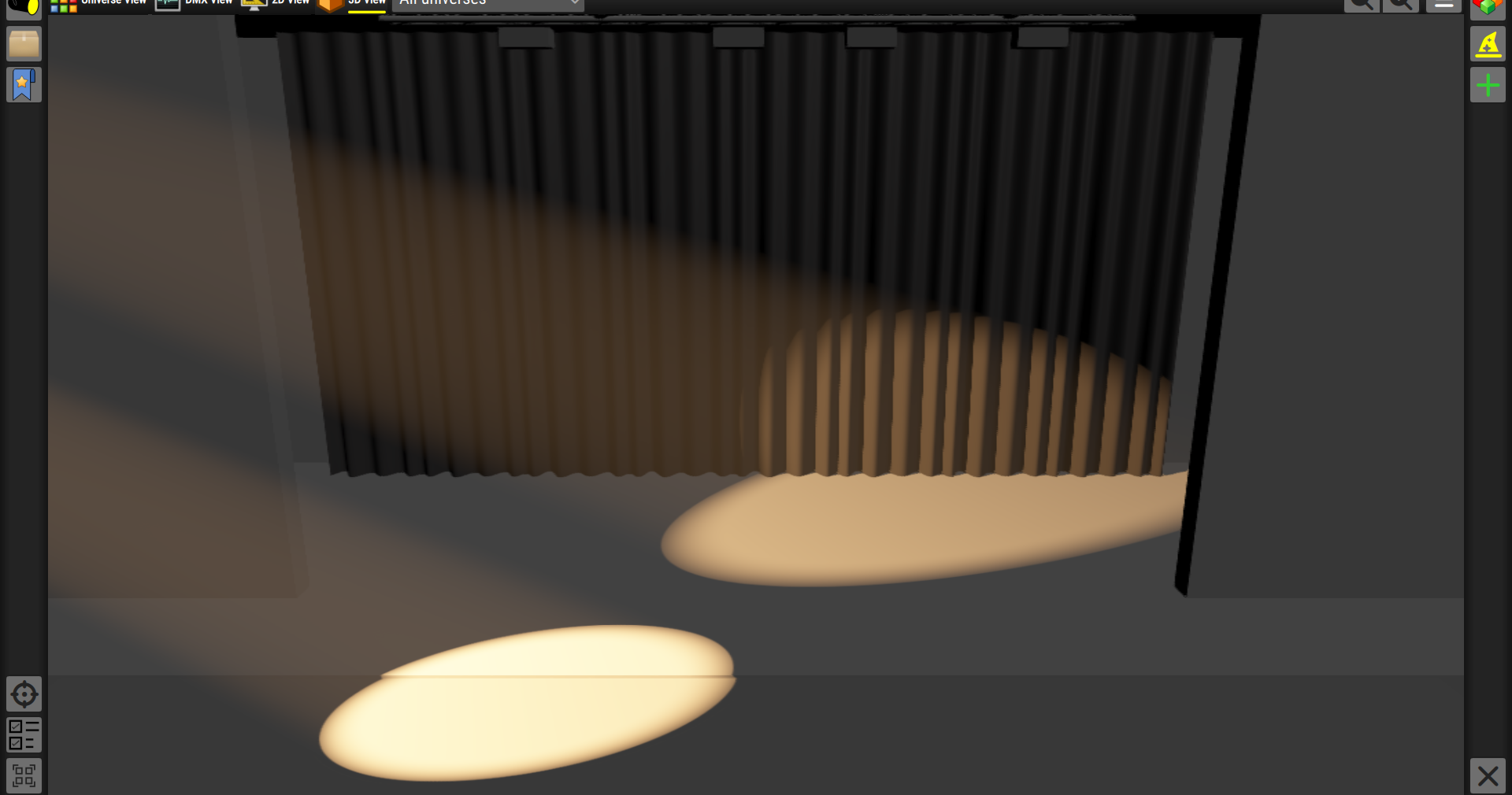 A soft-edged pool and wash on the stage curtain mesh, focus channel driving the penumbra