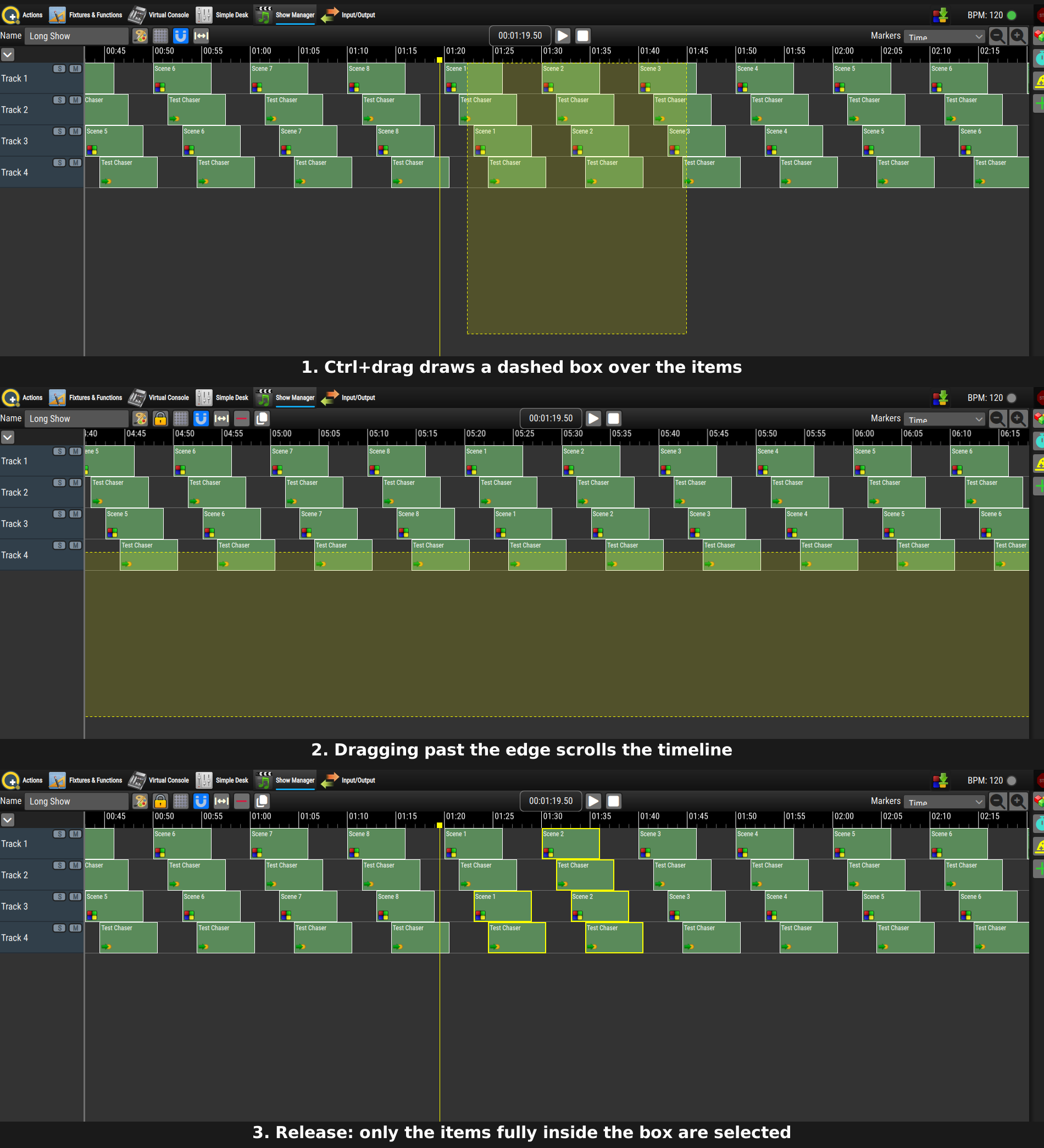 Three stages of a box selection: drawing the box, scrolling past the timeline edge, and the resulting selection