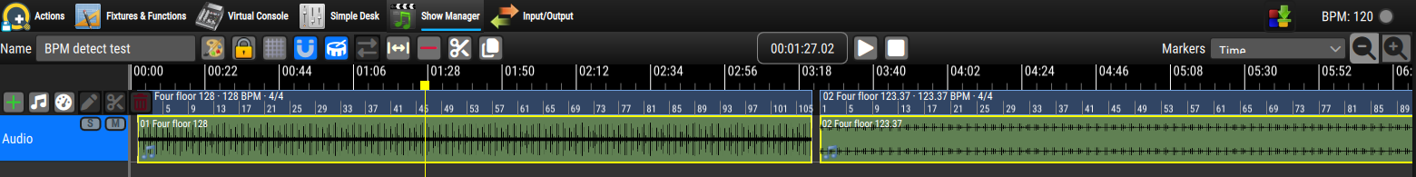 The tempo lane showing two sections at 128 BPM and 123.37 BPM with their beat rulers