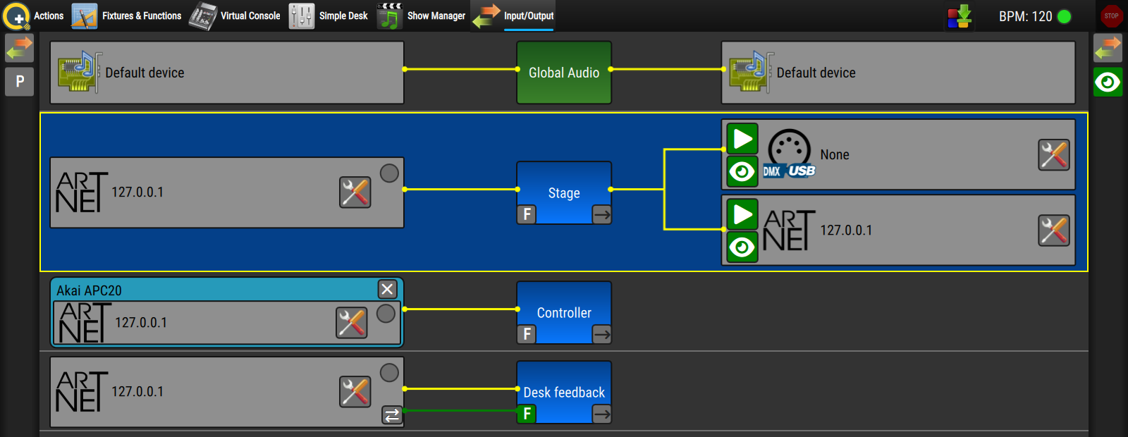 Input and output patches in the Input/Output view, each with its own configure button