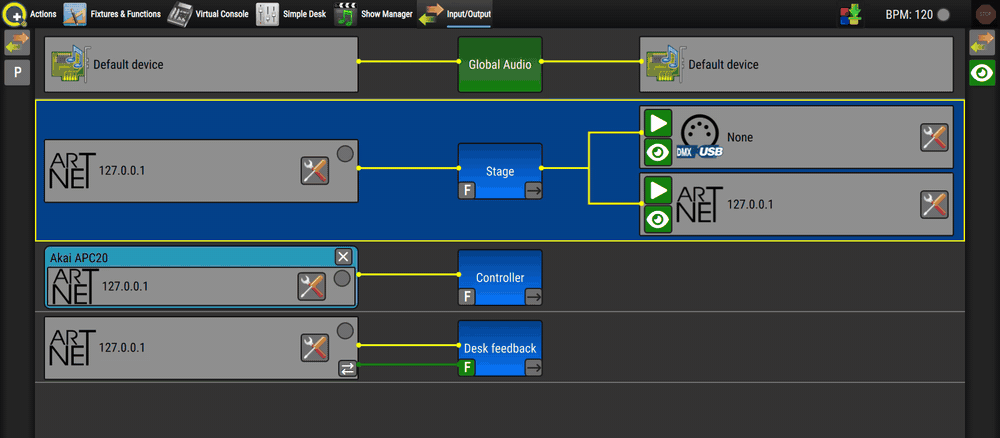 Clicking the configure button on each patch in turn: the Art-Net output, the DMX USB output and an Art-Net input, each opening only its own settings window