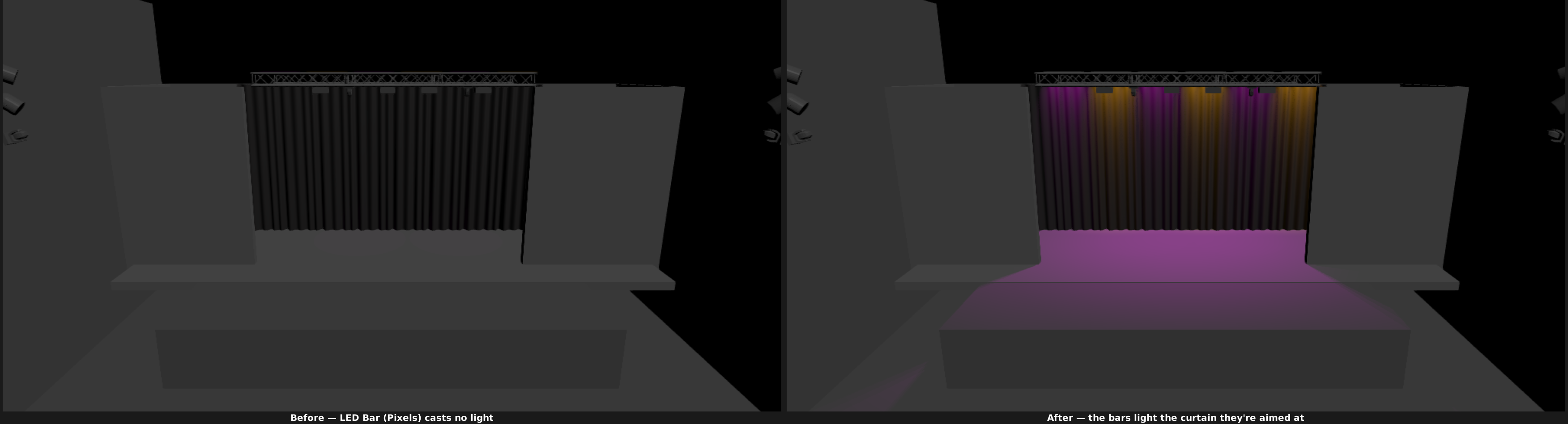 LED Bar (Pixels) before and after: dark housing vs. a lit curtain wash