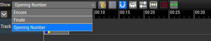 The Show box in the Show Manager toolbar, with its drop-down open listing the Shows in the workspace