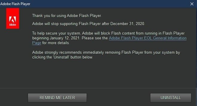 Il messaggio di avviso di fine supporto per il Flash Player.