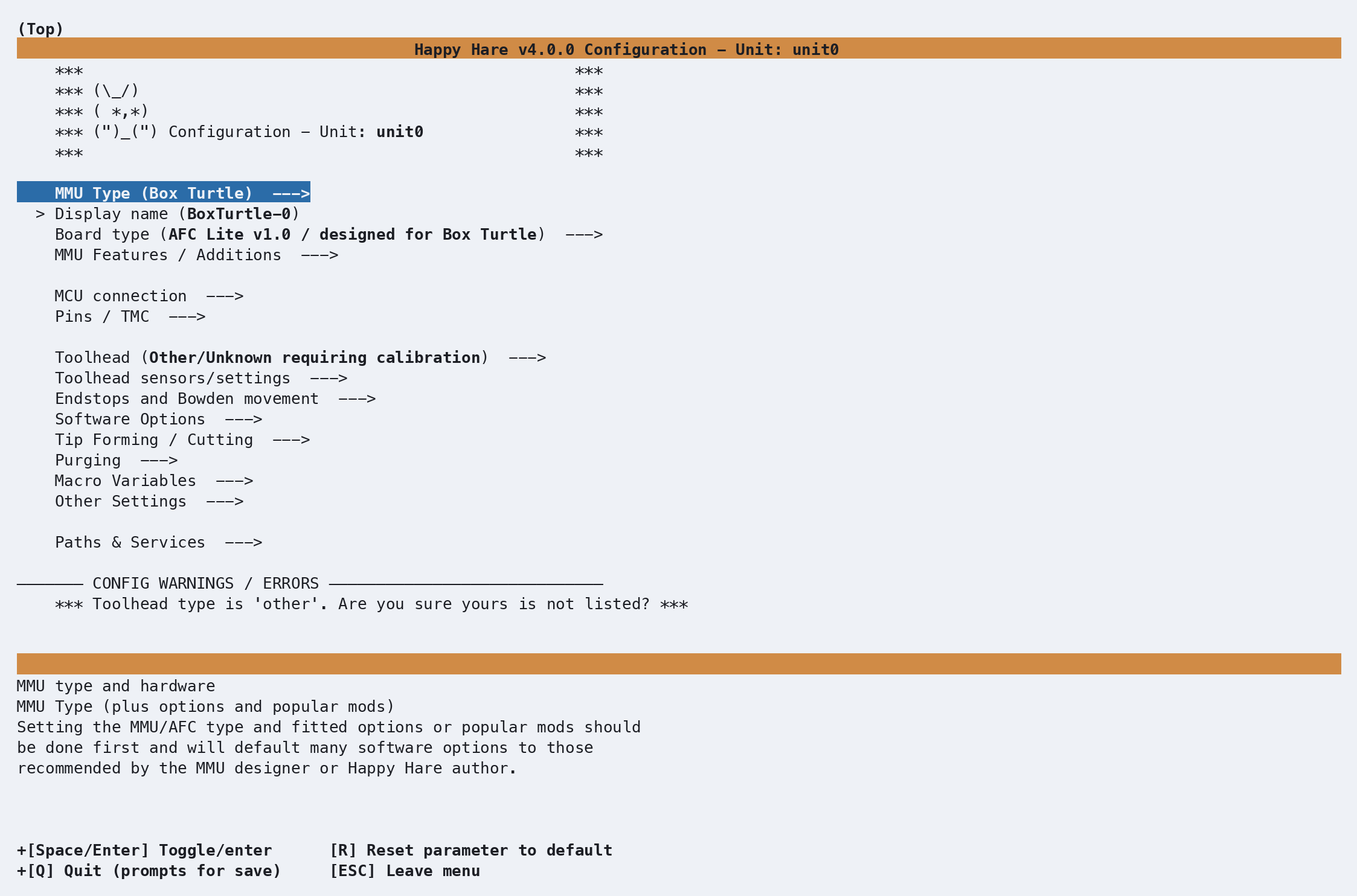Root menu after choosing Box Turtle - one warning left