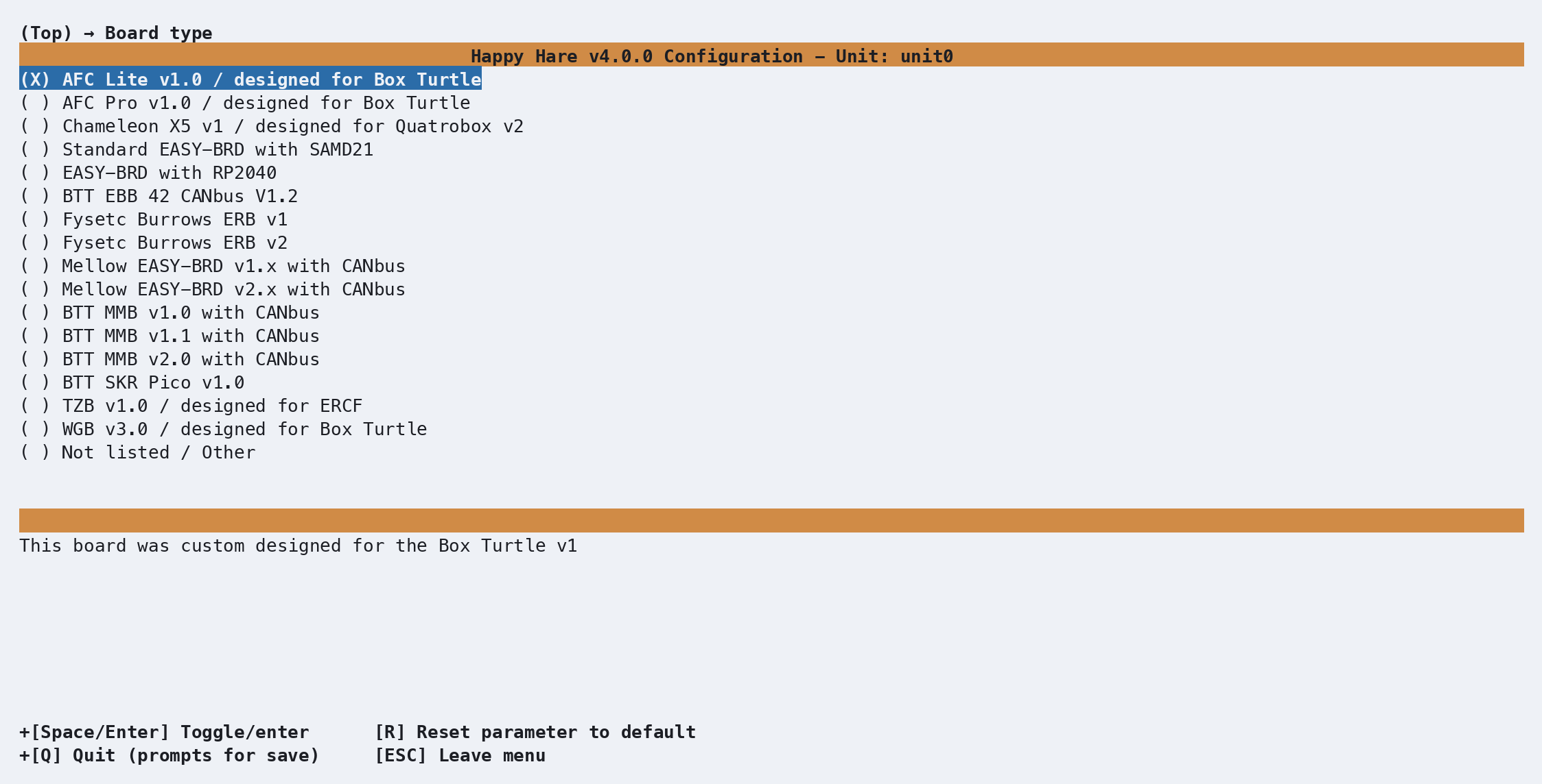 Board type list, AFC Lite v1.0 already selected
