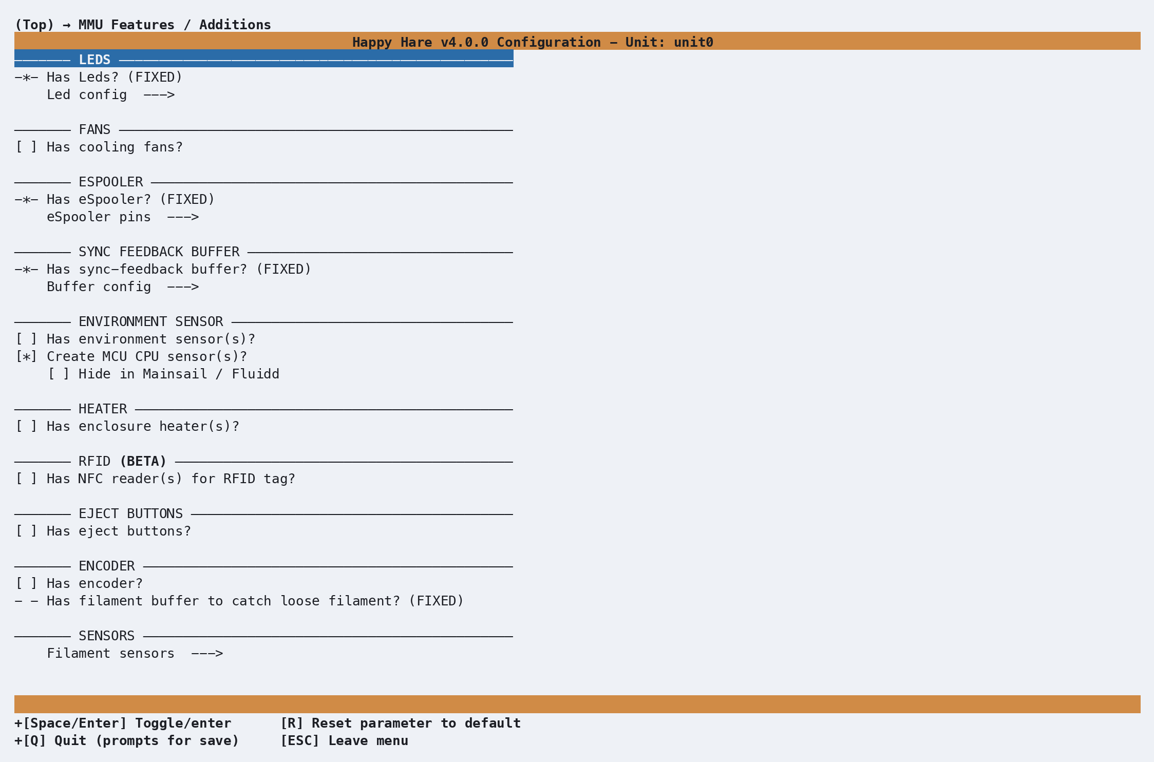 MMU Features panel - LEDs, eSpooler and buffer already enabled