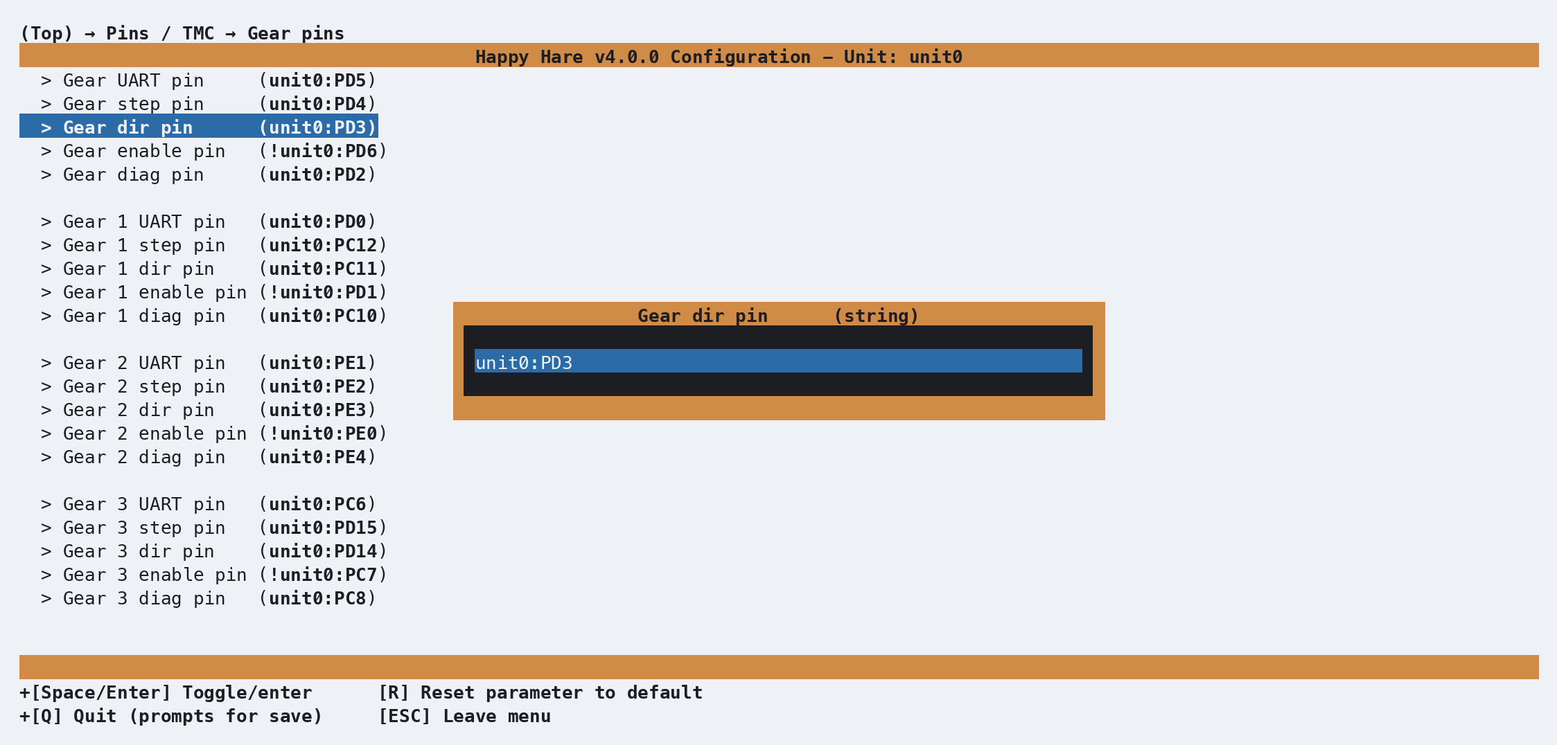 Gear dir pin editor, showing the default pin