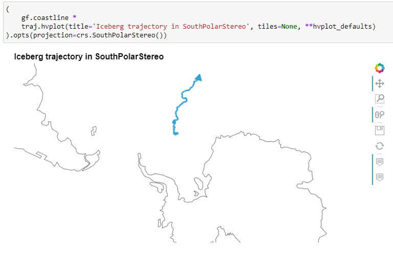 MovingPandas Iceberg trajectory in custom SouthPolarStereo projection