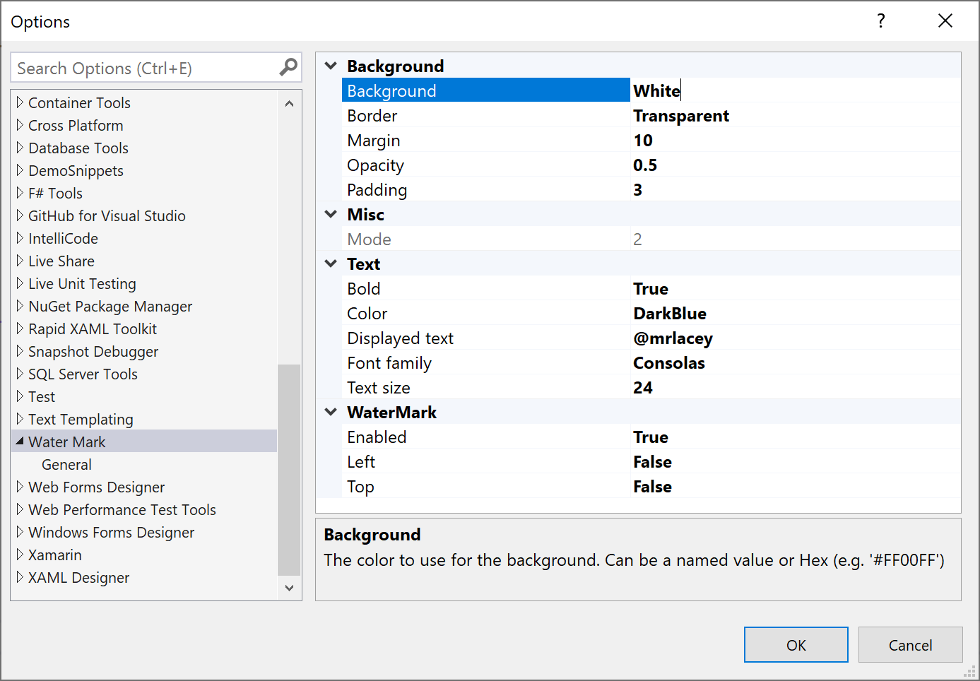 Screenshot of Water Mark settings in the Options dialog