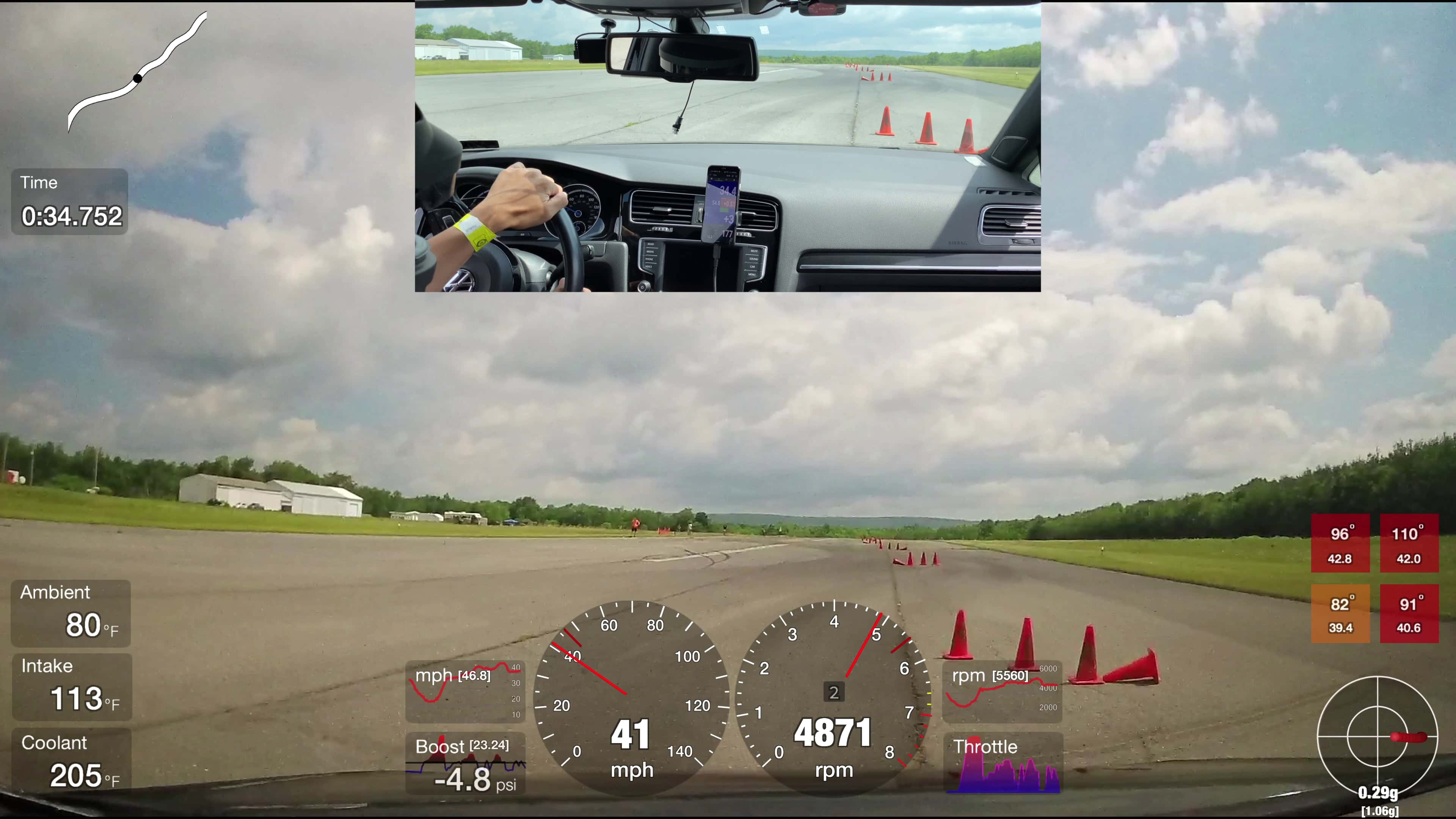 Example video render of a car on an autocross track, with a cone obstacle course, and an overlay of car data including speed and RPM