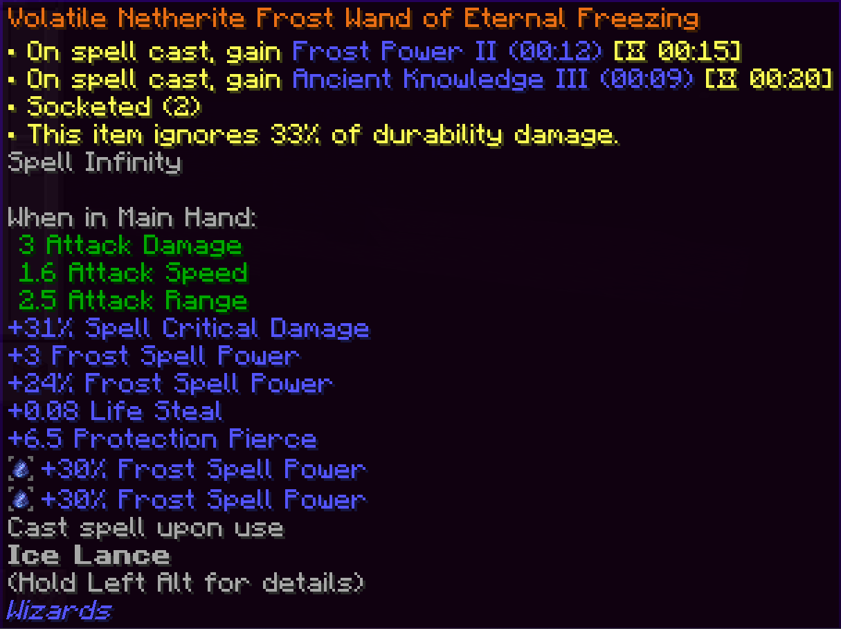 An example affixed frost staff, with high level frost spell power gems embedded and frost-specific effects. The name reads "Volatile Netherite Frost Wand of Eternal Freezing"
