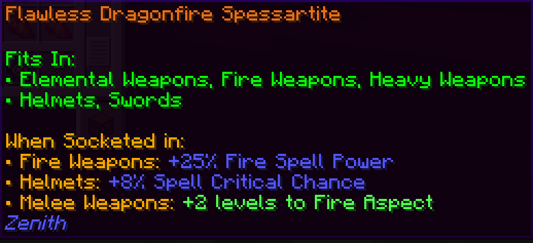 Description of the frost gem, Dragonfire Spessartite. It can fit in fire weapons and armor, and gives fire-themed effects and attribute bonuses.