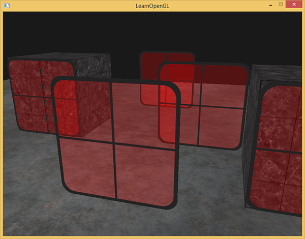 Image of an OpenGL scene with blending enabled, objects are sorted from far to near
