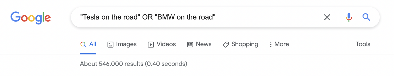 There are results with either “Tesla on the road” or “BMW on the road”
