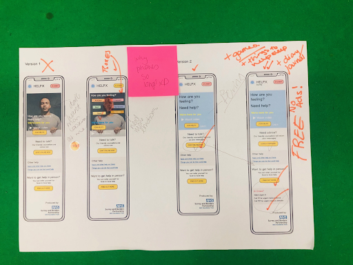 Annotated prototype screens with notes from children and young people in the workshop