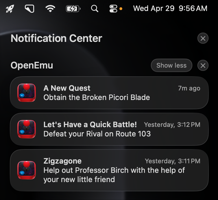 macOS Notification Center showing multiple OpenEmu achievement notifications