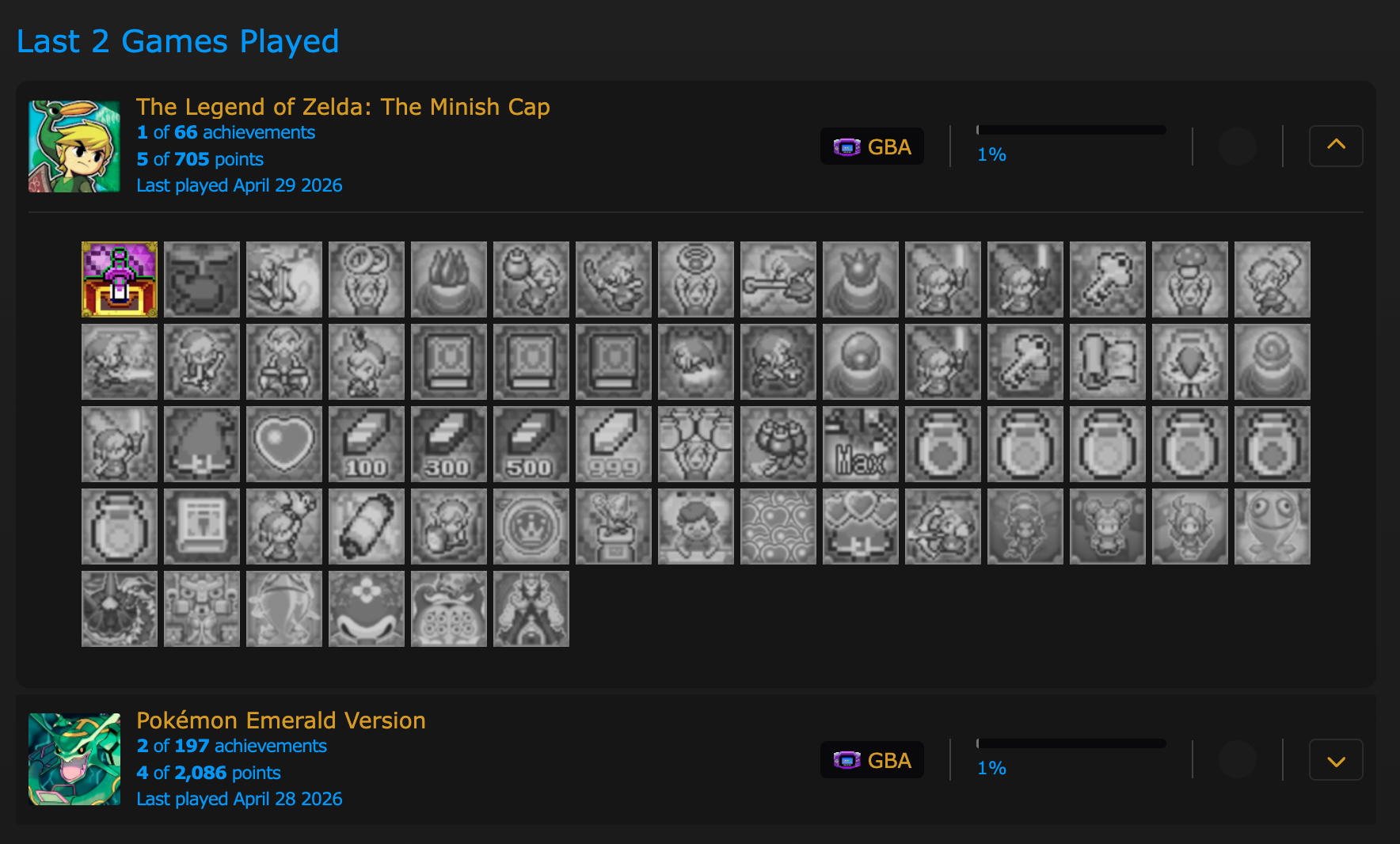 RetroAchievements website showing progress for Zelda: The Minish Cap and Pokémon Emerald