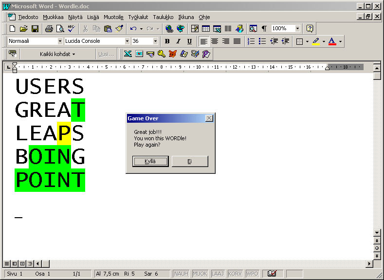 Screenshot of Microsoft Word 97 displaying a game of Wordle.