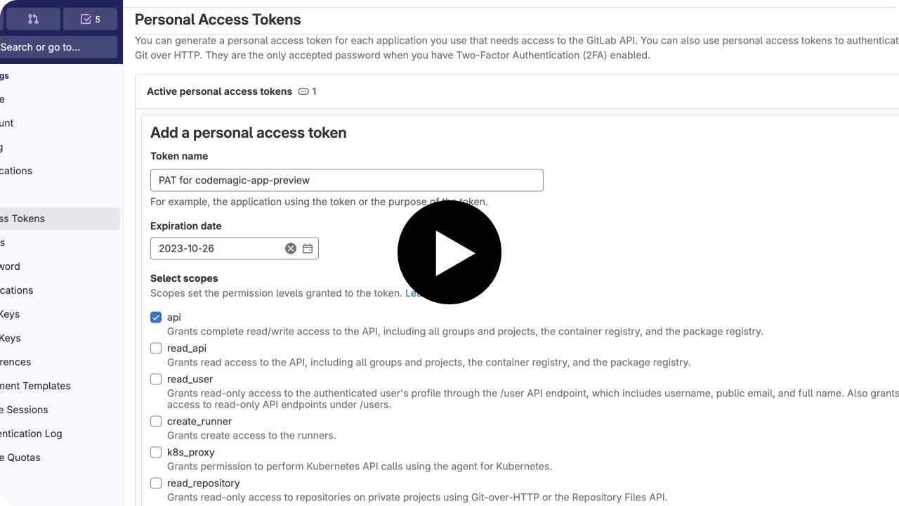 Screenshot of creating GitLab personal access token