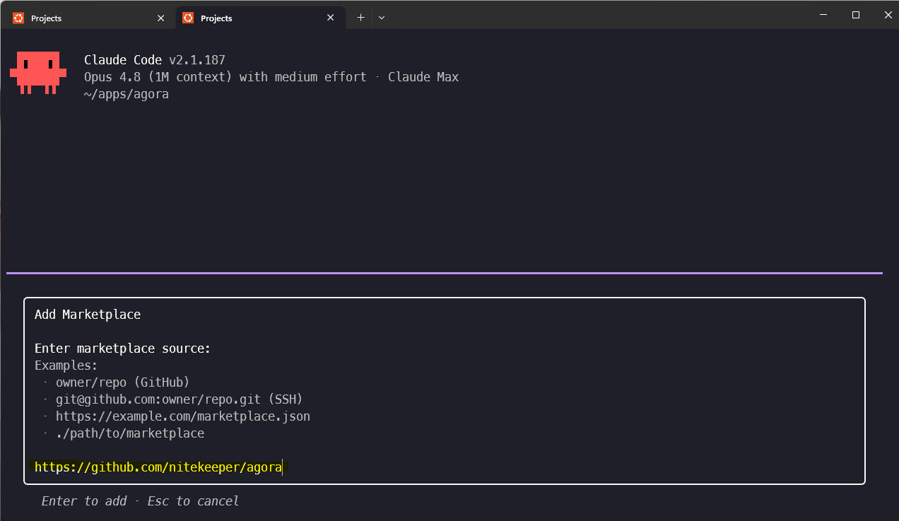 The Add Marketplace dialog