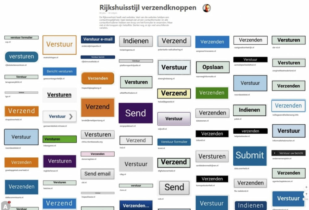 'screenshot van grote verzameling verzendknoppen in diverse kleuren, groottes en stijlen met daarboven de kop “Rijkshuisstijl verzendknoppen”'