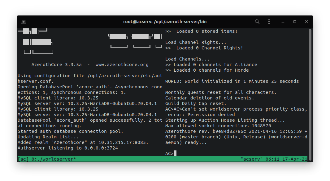 AzerothCore running inside an LXD container (tmux session)