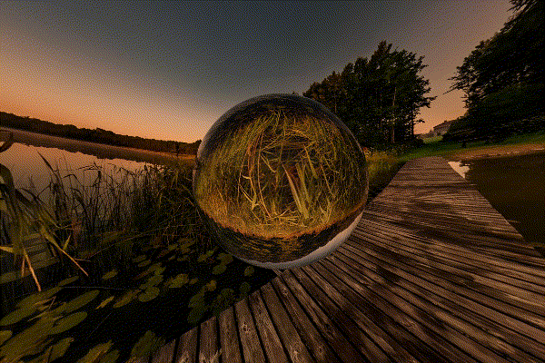 Animation of a transparent sphere levitating over the pond.
