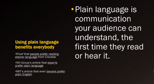 Slide showing the importance of plain language to help an audience understand.