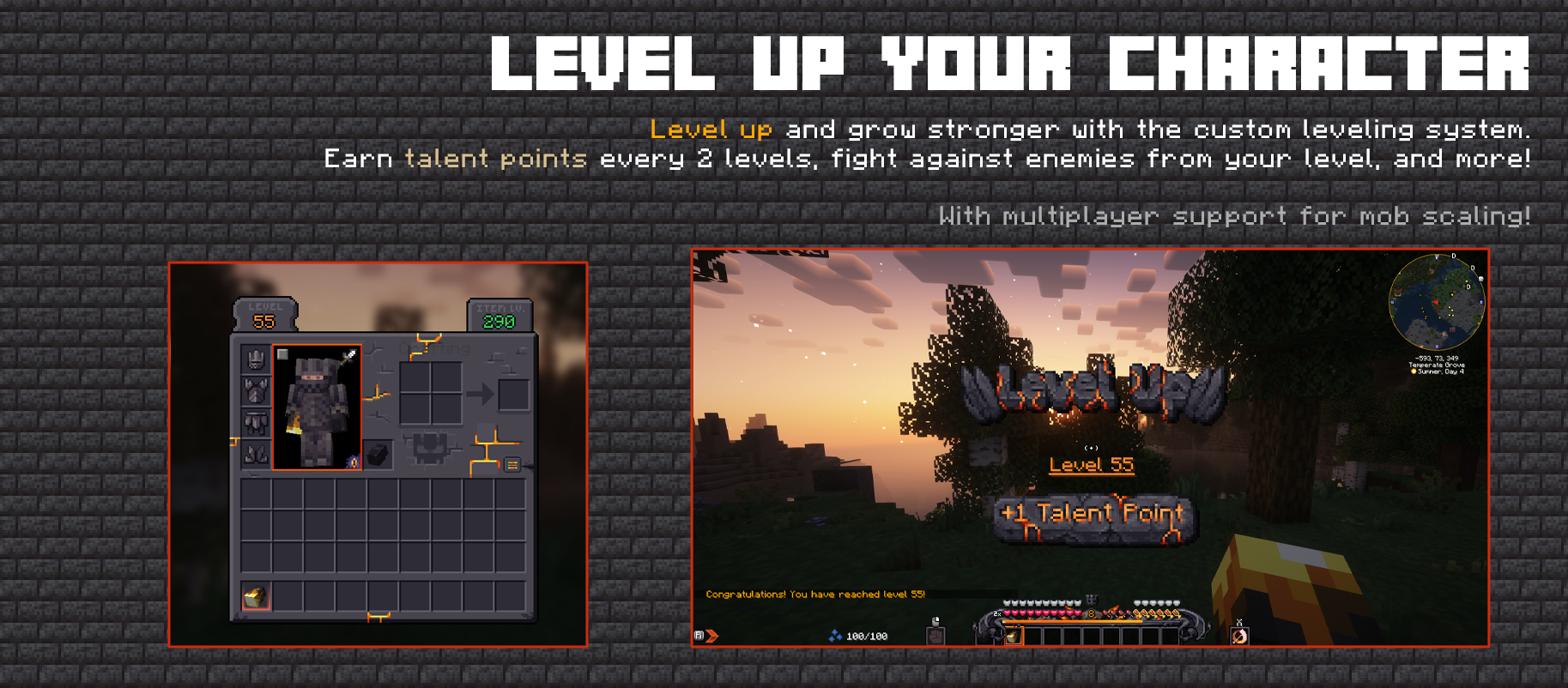 The modpack also features a custom player leveling system, with mob scaling and multiplayer support.